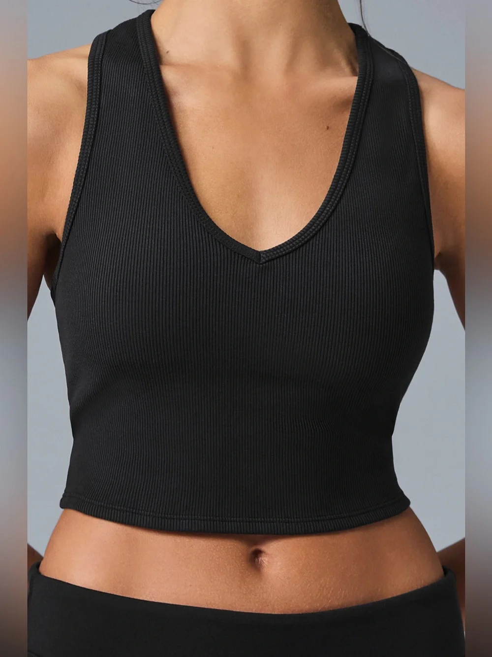 ALO Goddess Ribbed Cropped Racerback Tank in Black